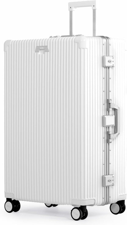 Nobl Travel Zipperless Check In Suitcase - Aluminum Frame, Check In luggage 30.2x20x12 Airline Approved by Noble Travel - Unbreakable Polycarbonate Shell - Dual TSA Locks, 360° Spinner Wheels - White