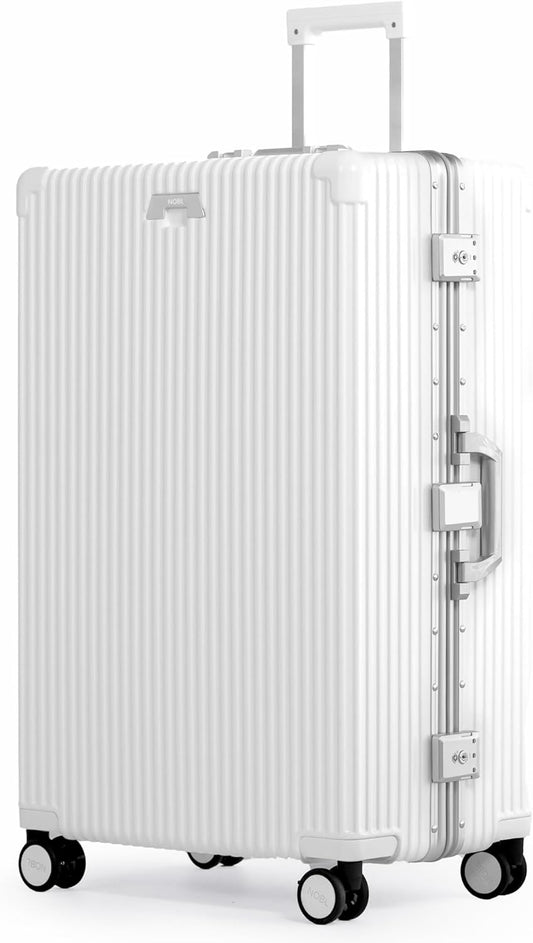 Nobl Travel Zipperless Check In Suitcase - Aluminum Frame, Check In luggage 30.2x20x12 Airline Approved by Noble Travel - Unbreakable Polycarbonate Shell - Dual TSA Locks, 360° Spinner Wheels - White