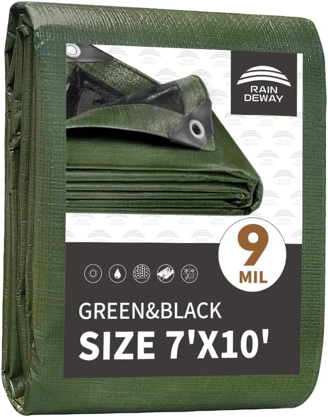 7x10 Feet Tarp Waterproof,9Mil Thick,Finished Size Tarps,UV Resistant,Durable,Multipurpose Poly Tarp Cover with Metal Grommets and Reinforced Edges,Green/Black by RAINDEWAY