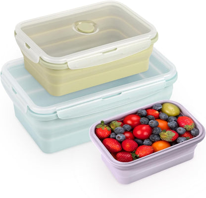 Large Collapsible Food Containers with Lids for Camping & Travel | Leak-Proof Silicone Storage Bowls,2000ml/1200ml/800ml, Dishwasher, Microwave Freezer Safe - Set of 3