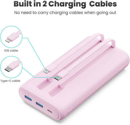 Portable Charger Power Bank 40,800mAh 25W Fast Charging USB C Portable Charger with 2 Built in Cables,5 Outputs & QC 4.0 Quick Phone Charging Battery Pack Compatible with iPhone 16/15/Android (Pink)