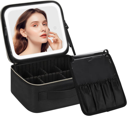 Chomeiu Makeup Bag with LED Mirror, Travel Makeup Case for Women and Makeup Artists Cosmetic Organizer Large Make Up Bags with Light Up Mirror, 3 Color Lights, Adjustable Dividers and Brush Holder