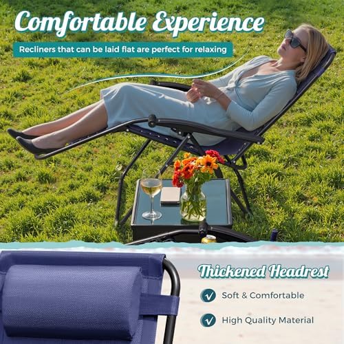 Homall Zero Gravity Chair Patio Folding Lawn Outdoor Lounge Gravity Camp Reclining Lounge Chair with Cup Holder Pillows for Poolside Backyard and Beach Set of 2 (Blue)