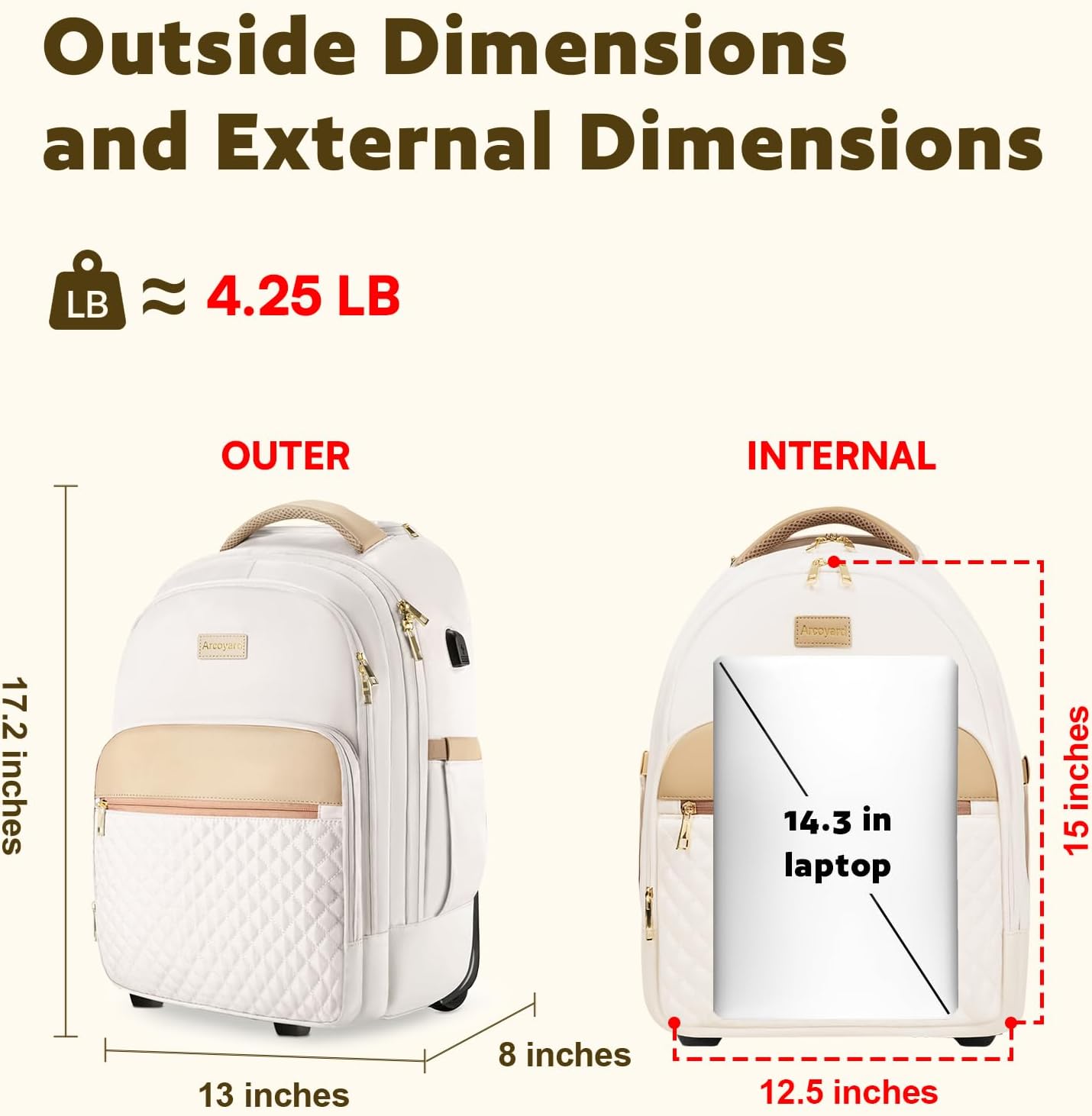 Small Rolling Backpack, Underseat Carry On Luggage With Wheels For Adults, 15.6 Inch Wheeled Backpack for Women, Travel Roller Bag, Beige