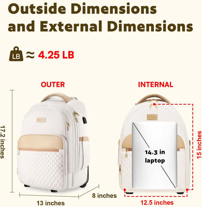 Small Rolling Backpack, Underseat Carry On Luggage With Wheels For Adults, 15.6 Inch Wheeled Backpack for Women, Travel Roller Bag, Beige