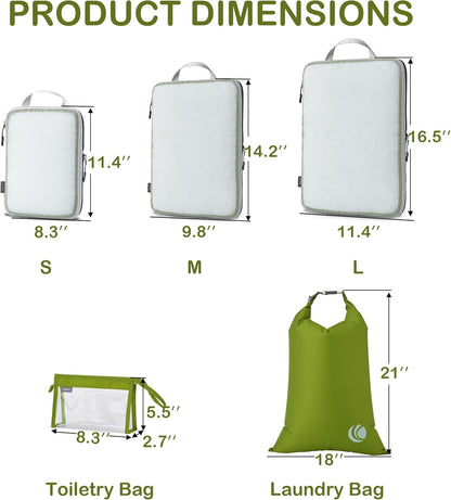 Cipway Compression Packing Cubes, See Through Mesh Luggage Organizer Bags, Travel Essentials for Carry on Suitcase with Laundry Bag and Clear Toiletries Bag（6 Pcs,Green）