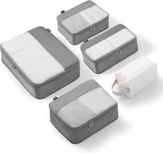 5 Set Compression Packing Cubes for Travel, Space Saving Luggage Organizer Bags (Silver)