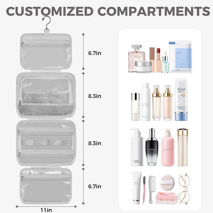 Toiletry Bag For women,Portable Hanging Organizer,4 Leakproof Compartment for full-sized Conditioner, Brushes Set, Makeup Accessories,Visible and easy to access.M-grey