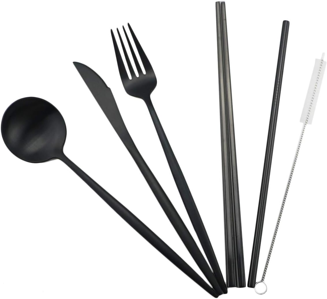Gugrida Luxury Black Matte Portable 18/10 Stainless Steel Travel Flatware Sets of 7 Portable Camping Cutlery Set, Healthy & Eco-Friendly Flatware Set with Carrying Case for Travel or Camping