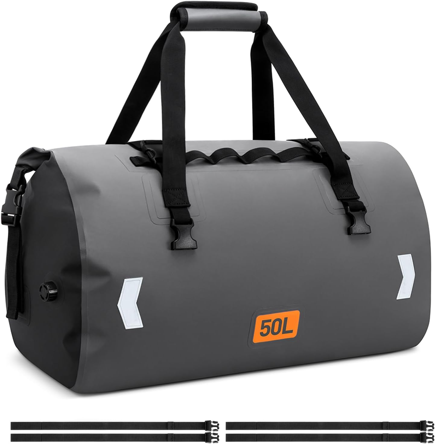 Waterproof Duffel Bag, 50L Roll-top Motorcycle Dry Bag with Air Valve & Quick-fixed Straps, Travel Duffle Bags for Kayaking Paddle Boarding Rafting Boating Camping Riding Fishing - Grey