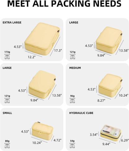 6 Set Compression Packing Cubes for Travel, Large Medium Small Luggage Organizers, Storage Bags for Clothes (6 Pack, Bright Yellow)