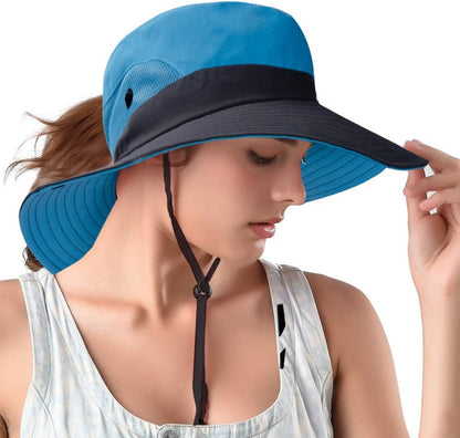 Rosoz Ponytail Sun Bucket Hats for Women UV Protection Foldable Mesh Wide Brim Hiking Beach Fishing Summer Safari