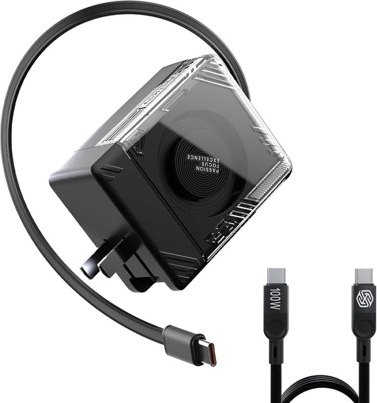 Nillkin FlexLine 65W for Retractable Wall Charger(GaN6), Dual-Port with 28.7in Retractable USB C Cable + 39.3in USB C Cable(Extra), iPhone Charger, MacBook, iPad, Samsung, Fast Charger - Black