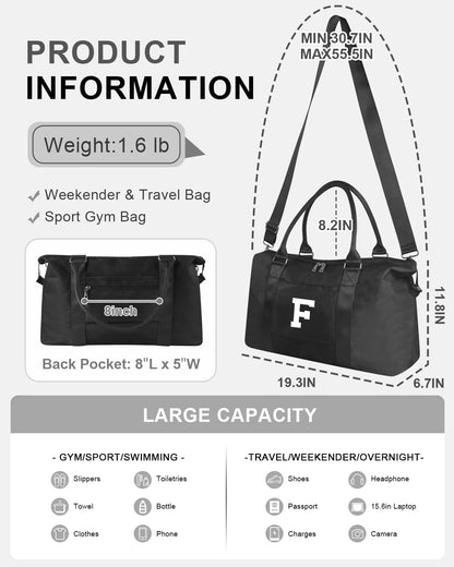 Initial Travel Duffel Bag Sports Gym Bag for Boys Teen Birthday Gifts,Black Personalized Weekender Bag Carry On Tote Bags for Men,Waterproof Overnight Luggage Bag Airplane Travel Essentials(Letter F)