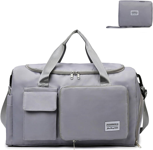 Multipurpose 20L Foldable Duffel Bag Gym Yoga Bag Carry-On Shopping Sack Travel Organizer Cabin Bag Sundry Package Wet&Dry Compartment (Gery)