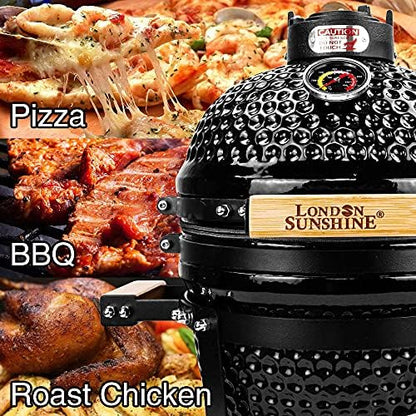 London Sunshine Ceramic BBQ Charcoal Kamado Grill 13 inch Portable Tabletop BBQ Grill with Stainless Steel Grates Black, Black
