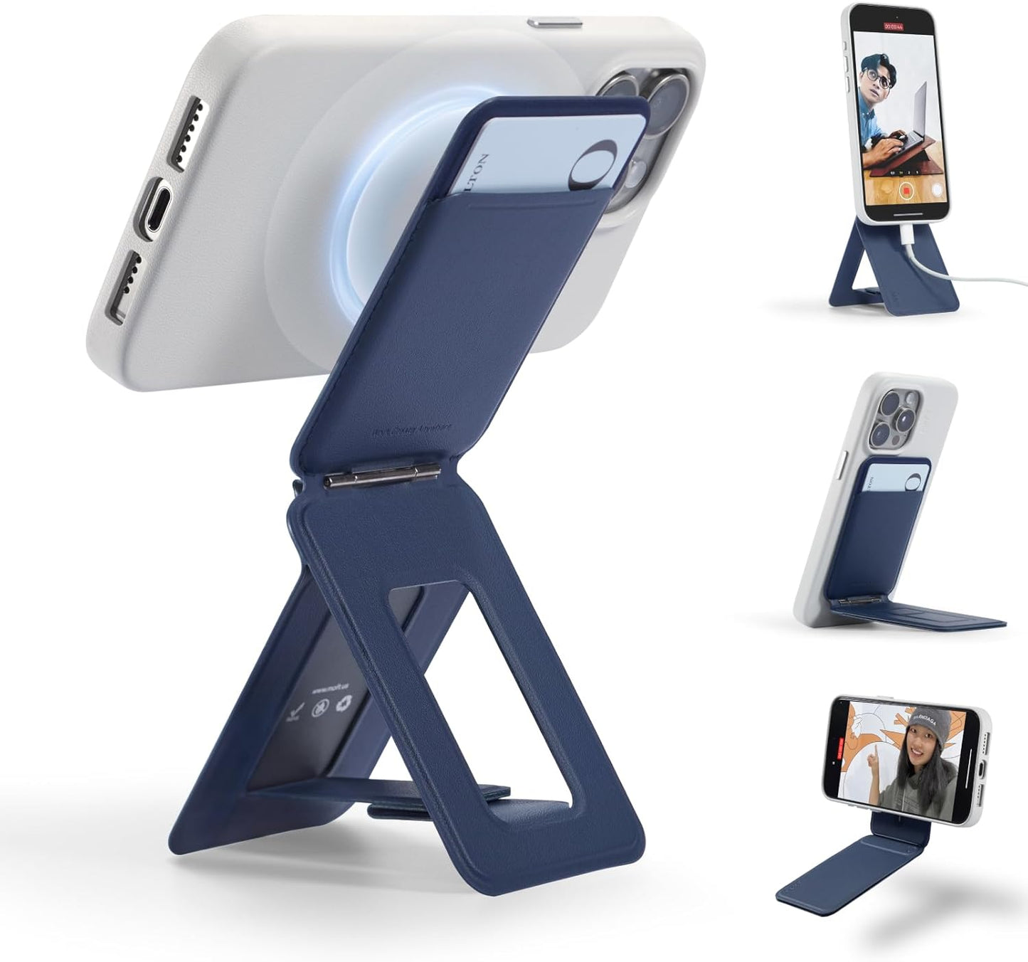 MOFT Phone Tripod Wallet for iPhone, Mulit-Angles, Lightweight & Portable Phone Stand, MOVAS Vegan Leather Magnetic Wallet, Strong Magnets, NFC Card Holder,Travel Essential, Navy Blue (With Card Slot)