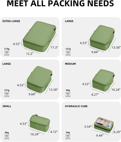6 Set Compression Packing Cubes for Travel, Large Medium Small Luggage Organizers, Storage Bags for Clothes (6 Pack, Forest Green)