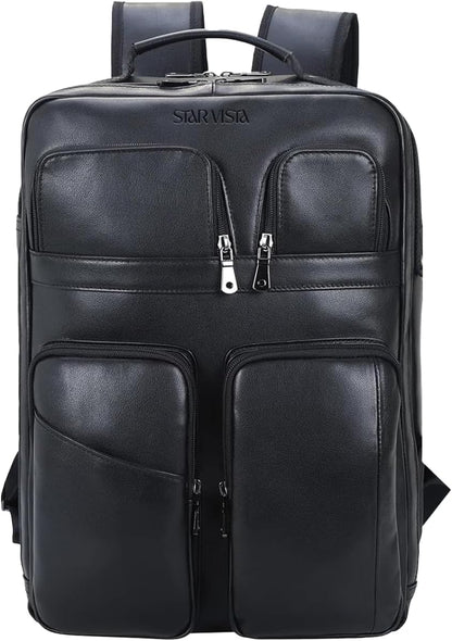 STAR VISTA Angelo 17.3" Premium Calfskin Leather Laptop Backpack for Men, Multi Pockets, Business Travel Bag, Casual Outdoor Rucksack, YKK Zippers, Black