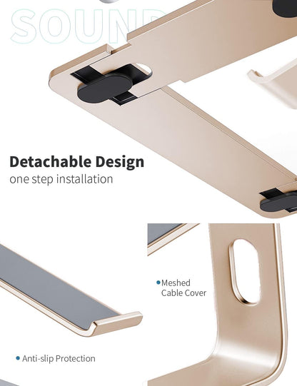 SOUNDANCE Laptop Stand, Aluminum Computer Riser, Ergonomic Laptops Elevator for Desk, Metal Holder Compatible with 10 to 15.6 Inches Notebook Computer, Gold