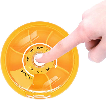 INVODA Weekly Pill Organizer 7 Compartment Rotating Pill Box for Daily Medication & Vitamins - Portable Travel Pill Case Fish Oil Supplements Vitamins Organizer (Blue+Orange)