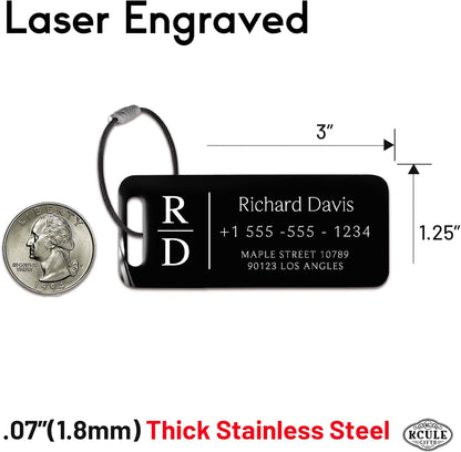 Personalized Luggage Tags for Suitcases 4 Pack - Stainless Steel Custom Luggage Tags for Backpacks & Bags, Sturdy, Waterproof & Heavy Duty (Black / 3" x 1.25")