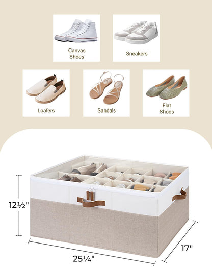 StorageWorks Shoe Organizer for Closet, Fits up to 24 Pairs, Shoe Cubby Storage Containers with Adjustable Dividers and Clear Cover, Brown & White
