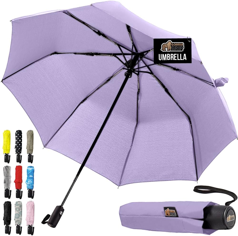 GORILLA GRIP Strong Stick Umbrella for Rain, Compact Travel One-Click Automatic Open Close, Lightweight, Portable, US Designed Reinforced Fiberglass Ribs, Wind Resistant, Easy Collapse, Purple