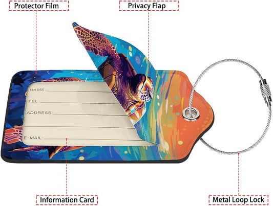 Colorful Wild Sea Turtle Luggage Tag Personalized Luggage Tags for Suitcases,Leather Bag Tags for Backpacks Handbag with Name ID Label Travel Essentials Baggage Tags 2 Pack