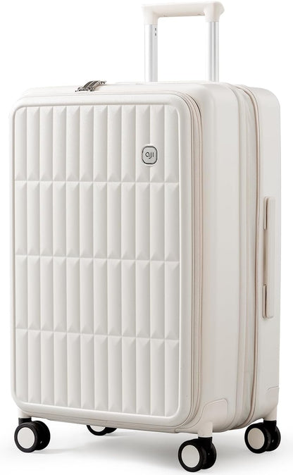aji Expandable Top Open 24 Inch Checked Luggage with Spinner Wheels, Large Suitcase with TSA Lock, Hardside Travel Luggage Suitcases for Men Women, for 14+Days Travel, Coconut White