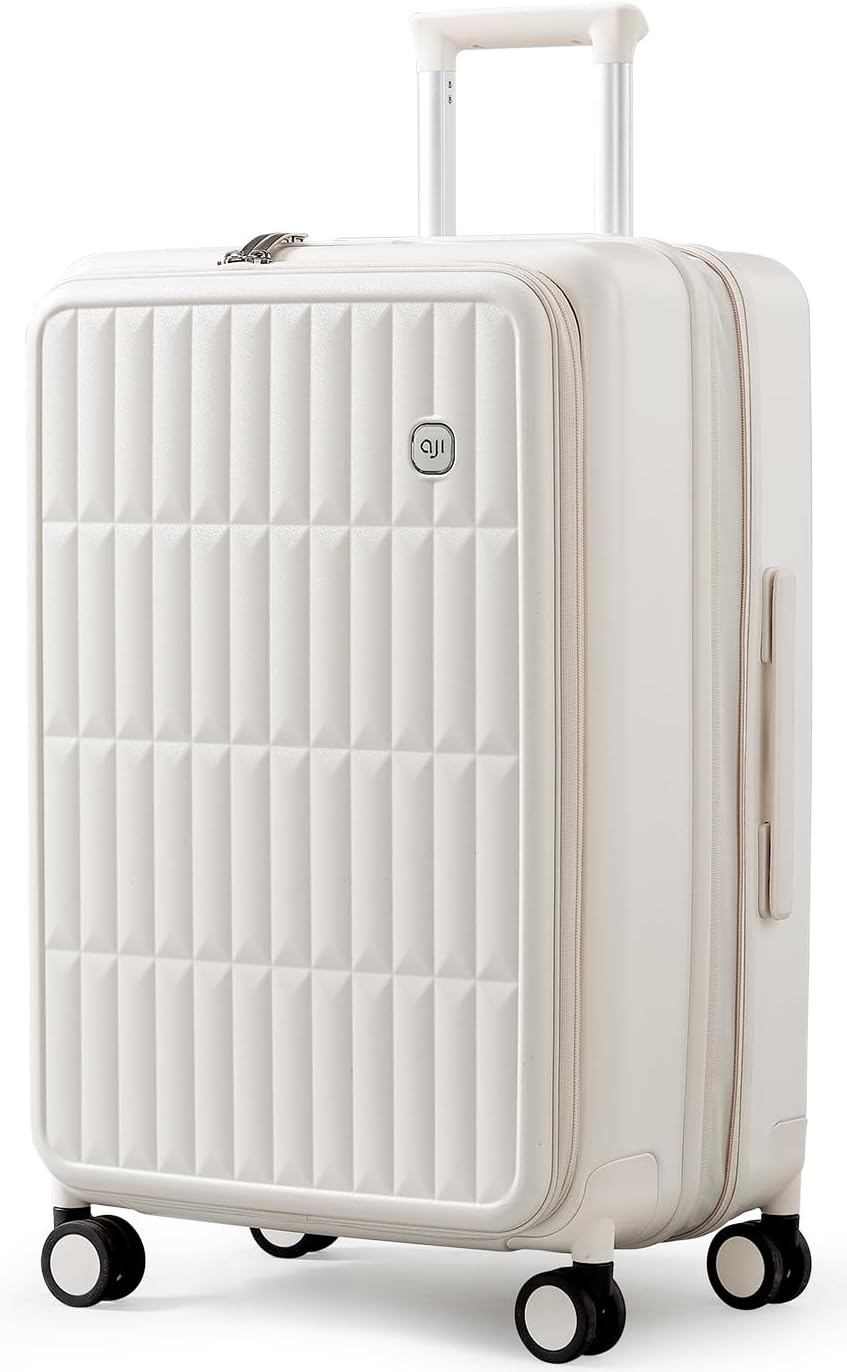 aji Expandable Top Open 26 Inch Checked Luggage with Spinner Wheels, Large Suitcase with TSA Lock, Hardside Travel Luggage Suitcases for Men Women, for 24+Days Travel, Coconut White