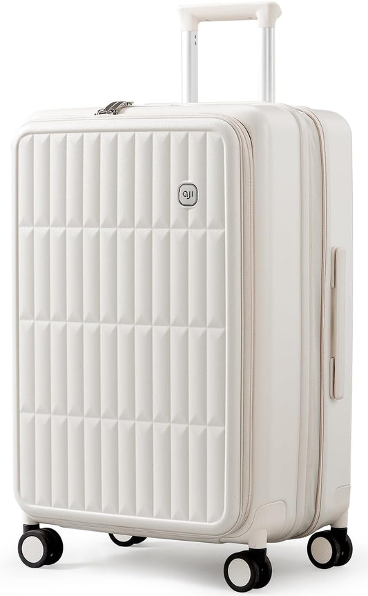 aji Expandable Top Open 26 Inch Checked Luggage with Spinner Wheels, Large Suitcase with TSA Lock, Hardside Travel Luggage Suitcases for Men Women, for 24+Days Travel, Coconut White