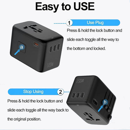 JMFONE Universal Travel Adapter with GaN 100W,International Power Plug Adapter 5 Port [4*USB C+1*USB A] and Multi AC Sockets, All-in-one Travel Outlet Plugs for 200+ Countries