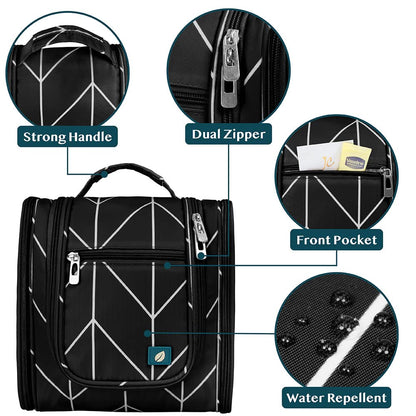 PAVILIA Toiletry Bag Travel Bag for Women Men, Hanging Cosmetic Organizer, Water Resistant Makeup Bag for Accessories Toiletries, Large Travel Essentials Kit (Black Chevron)