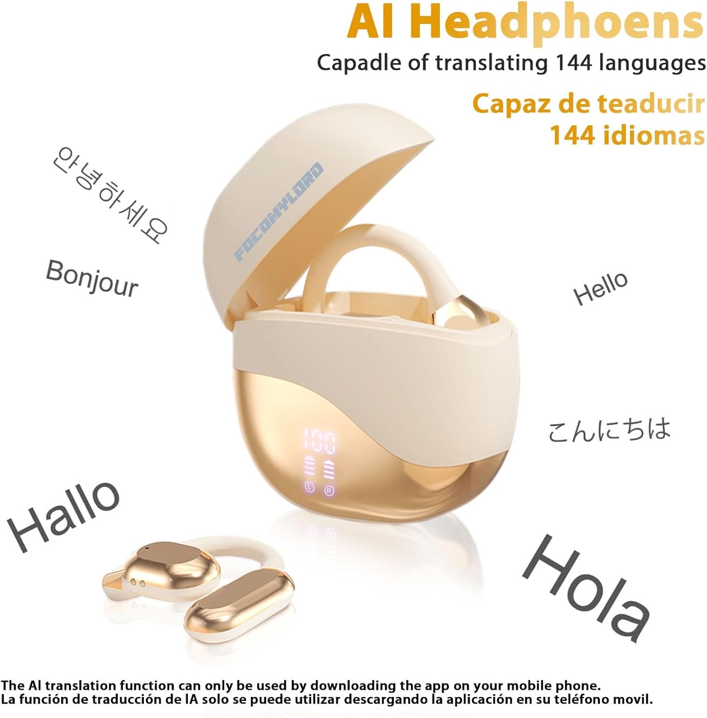 Language Translation Earbuds, 3-in-1 Translator Earbuds, 144-language Real-time Two-Way OWS Earbuds, HD Sound, Long Battery Life, fit iOS and Android, Ideal for Travel and Business, White