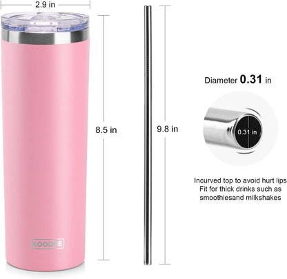 koodee 20 oz Stainless Steel Skinny Tumblers (2 Pack) Double Wall Insulated Water Tumbler Cup with Lid and Straw, Slim Travel Tumbler for Women/Men Diy Birthday Gift （Baby Blue-Pink）