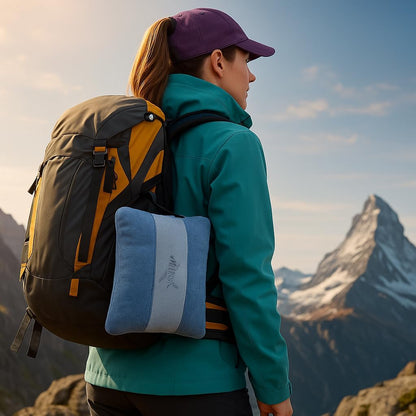 Melissa Large Travel Blanket and Inflatable Pillow Set - 69“ x 43.3” – Soft Blanket with Carry Bag – Lightweight, Compact & Washable for Backpacking, Hiking, Airplane, Car, Office, Camping (Blue)