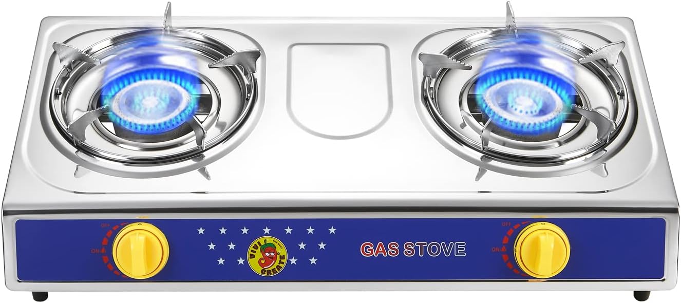 Vivicreate 2 Burner Propane Gas Stove Outdoor Cooking Portable Double Burner Propane Cooktop Burners for Camping BBQ Patio Frying Fogon Estufa Portatil Parrillas de Gas