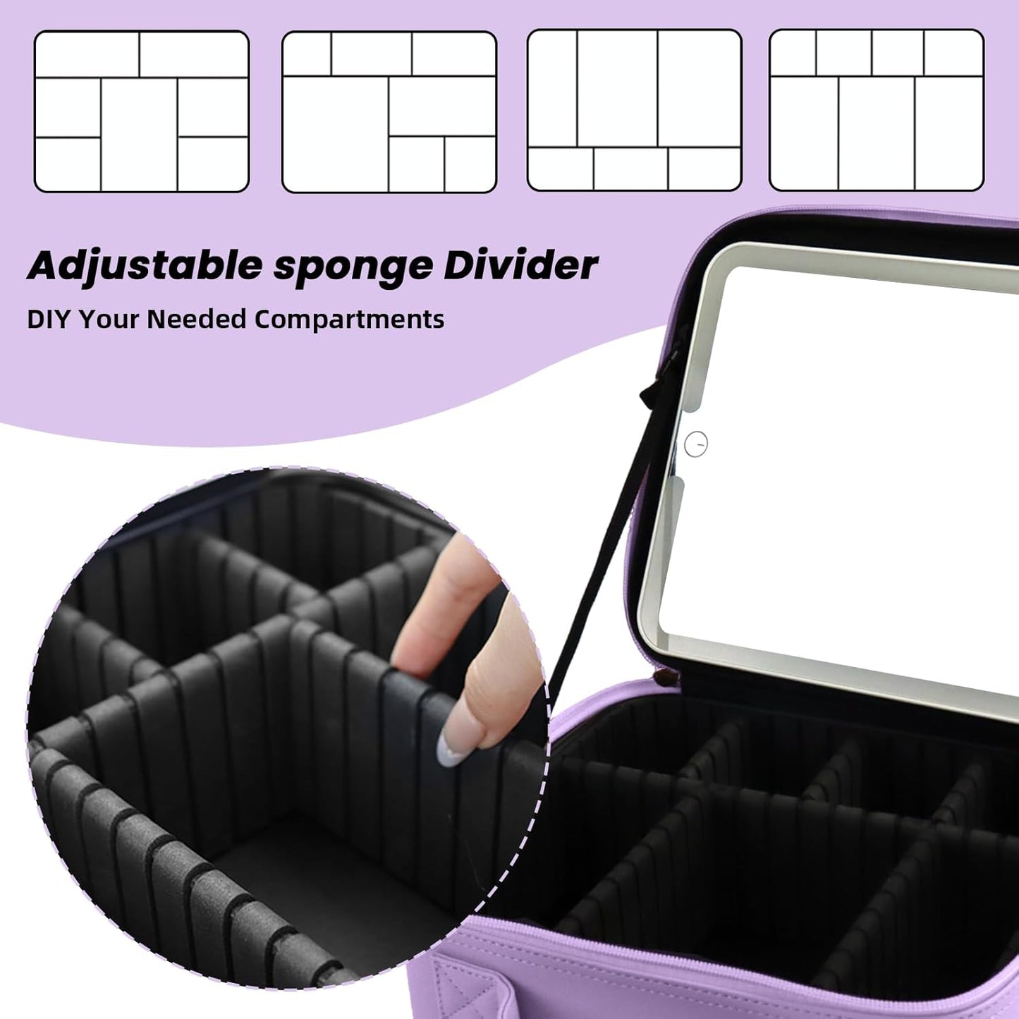 Travel Makeup Bag with LED Mirror and Light Travel Makeup Case Cosmetic Organizer Portable Cosmetic Brush Organizer Bag with Adjustable Dividers for Cosmetics Makeup Brushes Toiletry(Purple)