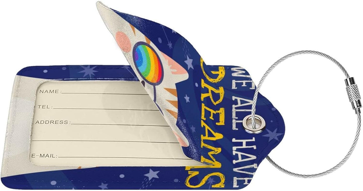 2 Cute Cat with Rainbow in Eye Glasses Luggage Tags, We All Have Dreams Encouraging Letters Suitcase Tag Privacy Name ID Card Travel Bag Labels for Friends Adults Kids