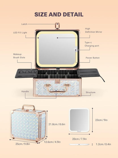 Qislee Makeup Box with A Detachable Lighted Mirror, Waterproof Travel Train Case, Cosmetic Organizer and Makeup Suitcase with Adjustable Dividers, Magnetic LED Mirror(Sparkling Blue)