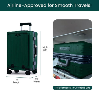 Nobl Travel Carry On Luggage, Noble Zipperless Aluminum Frame PC Hard Shell Suitcase, 22.5x15x9.5 Airline Approved, 360° Spinner Wheels, TSA Locks, USB Charging Port, Cup & Phone Holder -Forest Green