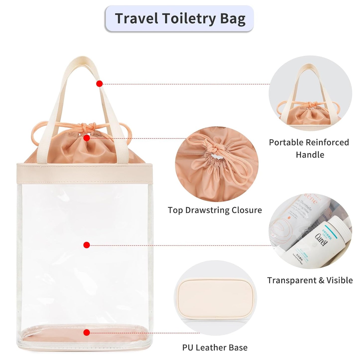 Travel Toiletry Bag, Clear Makeup Bag for Women, TSA Approved Toiletry Bag, Waterproof Clear Bag Cosmetic Pouch, Transparent Makeup Organizer, Carry on Airport Airline Compliant, Beige