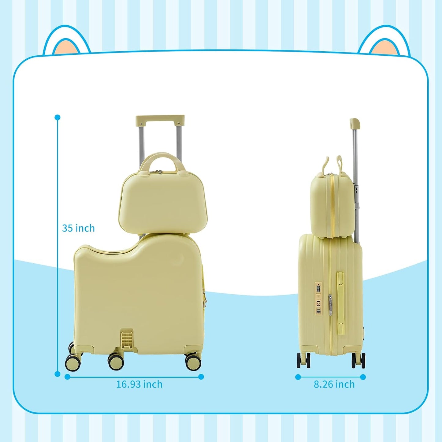 TABU Ride-on Luggage with Handbag for Kids，Hardshell Carry On Suitcase with Hidden Cup Holder, Foldable Pedal,Type-C & USB Interface, TSA Lock, 6-Spinner Wheels, Yellow