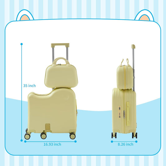 TABU Ride-on Luggage with Handbag for Kids，Hardshell Carry On Suitcase with Hidden Cup Holder, Foldable Pedal,Type-C & USB Interface, TSA Lock, 6-Spinner Wheels, Yellow