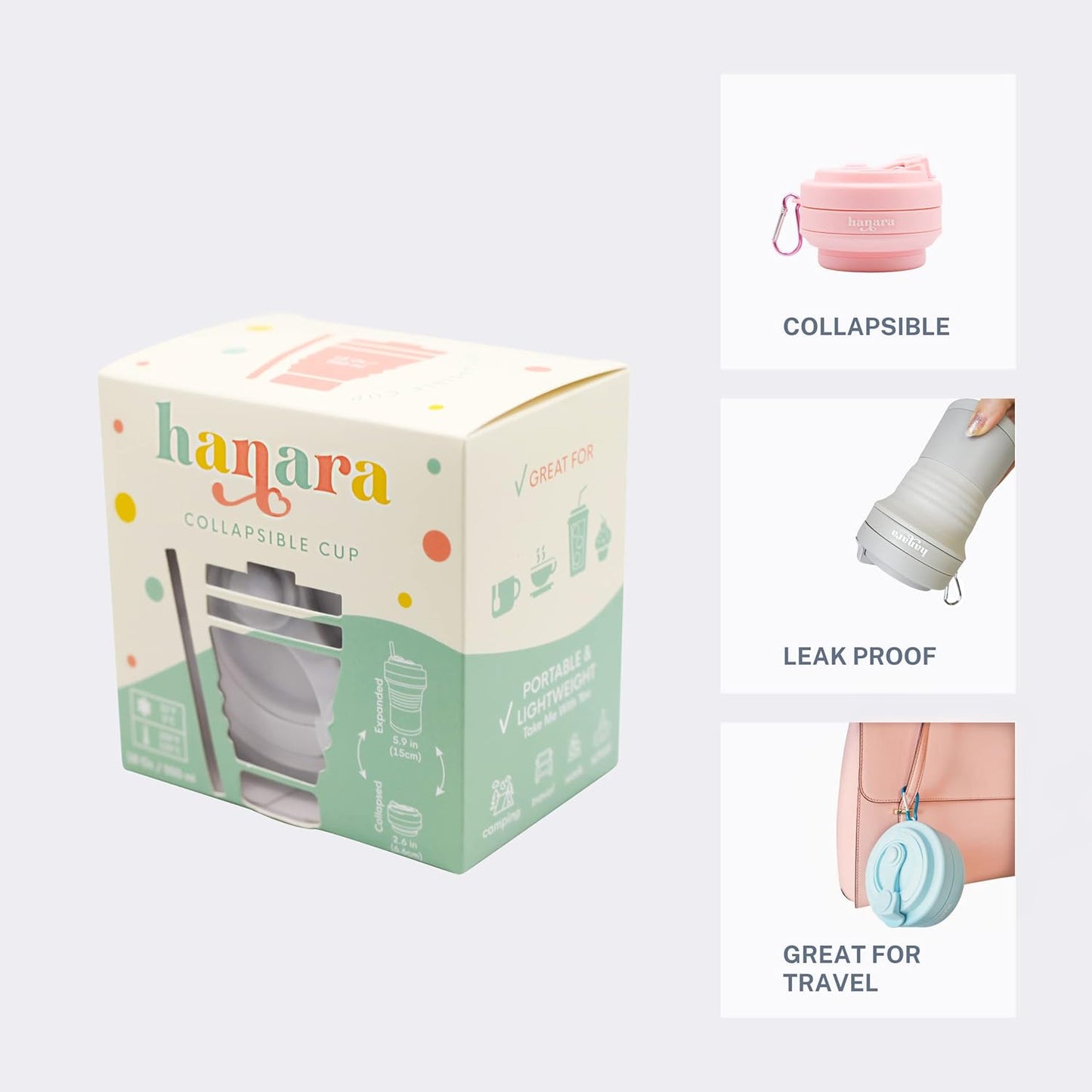 HANARA Collapsible Cup with Reusable Straw – 18 Oz (550 Ml), Portable Travel Mug, BPA-Free, Leak-Proof, Microwave & Dishwasher Safe, Multi-Purpose for Hot & Cold Drinks – Gray