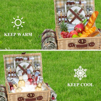 Picnic Basket for 2 with Blanket and Wine Pouch for Couples