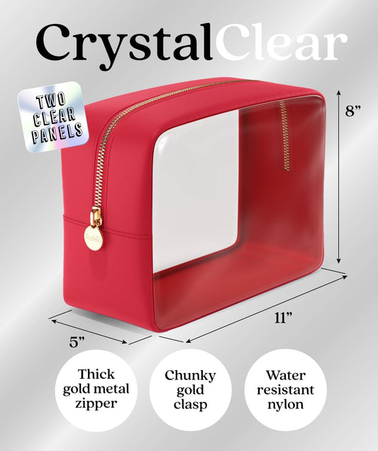 Clear Makeup Bag Zipper Pouch, Transparent Cosmetic Case Organizer, TSA Approved Travel Toiletry Case, Travel Accessories Essentials Makeup Tote for Women, Large Cute Make up Bag for Purse - Ruby