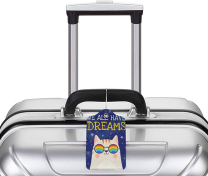 2 Cute Cat with Rainbow in Eye Glasses Luggage Tags, We All Have Dreams Encouraging Letters Suitcase Tag Privacy Name ID Card Travel Bag Labels for Friends Adults Kids