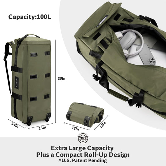 STOVER 100L Rolling Duffel Bag with Wheels, X-Large 35 Inch Durable Travel Duffle + Toiletry Bag, Heavy Duty, Packable w/Shoulder Straps- Use as Luggage or Backpack, Men/Women (Green)